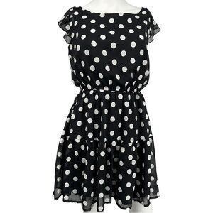 Embroidered Black and White Polka Dot ruffle Sleeve Dress